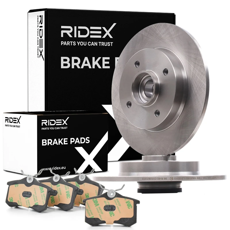 Image of RIDEX 3405B1132 Brake disc and pads set Rear Axle, Brake Disc Type: Solid, not prepared for wear warning indicator, with wheel bearing Brake Set,disc