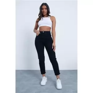 image of I Saw It First Black Roll Hem Mom Jeans - Black