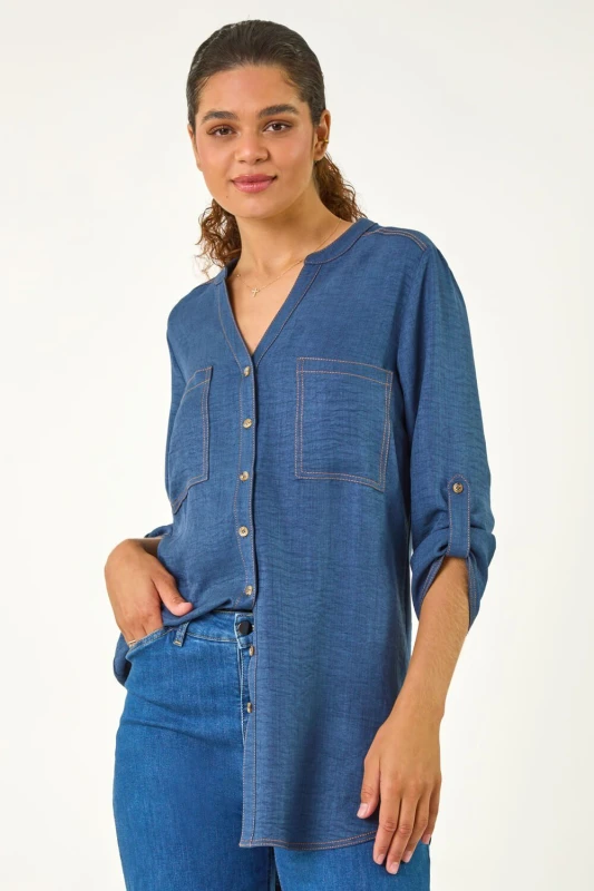 Image of Roman V-Neck Longline Button Detail Blouse Mid Blue female