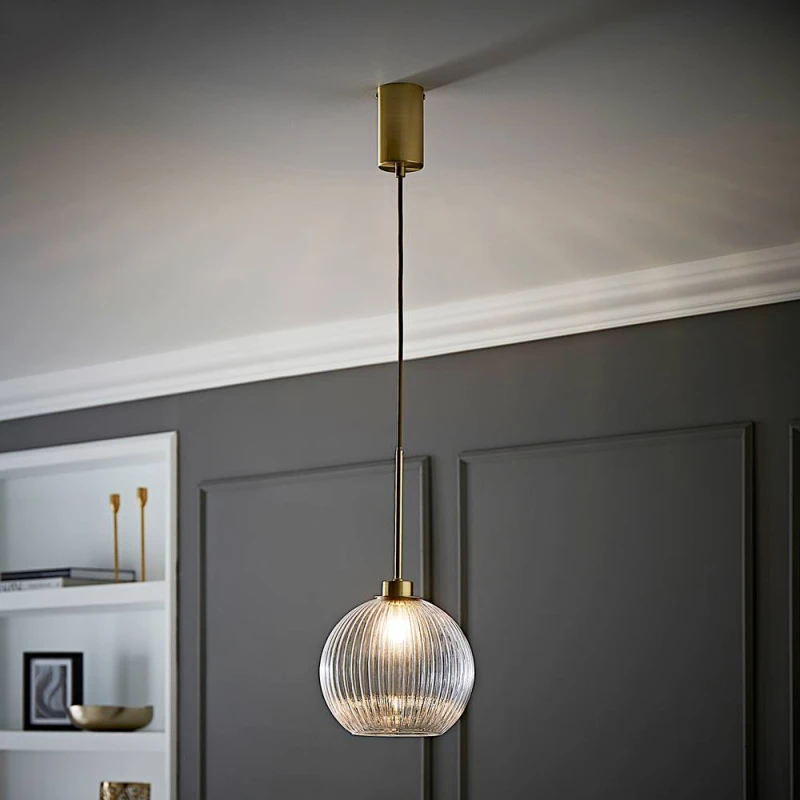 Image of ValueLights Maddison Clear Ribbed Glass Shade Brushed Gold Ceiling Pendant Light Clear Unisex