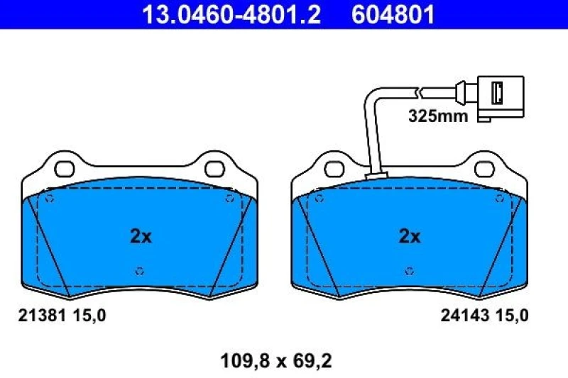 Image of ATE 13.0460-4801.2 Brake pad set incl. wear warning contact Brake Pad Set,disc brake (402)