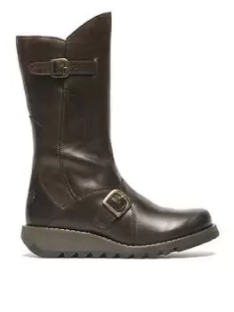 Image of Fly London Mes 2 Leather Buckle Detail Calf Boots - Dark Brown, Brown, Size 6, Women