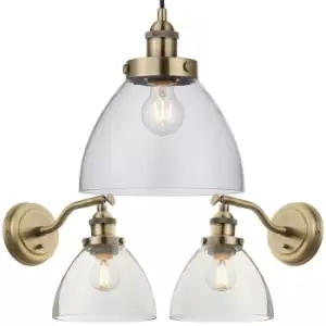 Image of Ceiling Pendant & 2x Matching Wall Light Pack Antique Brass & Clear Glass Shade