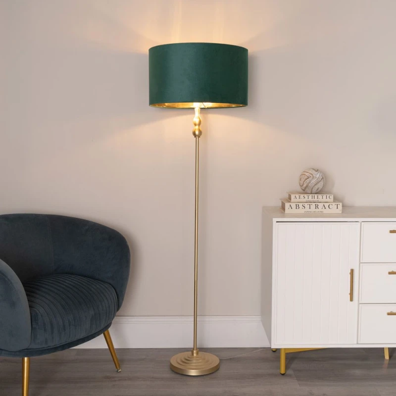 Image of ValueLights ValueLights Maggie Gold Candlestick Floor Lamp with Velvet with Gold Inner Lamp Shade in Bottle Green Bottle Green One Size Unisex 5059406