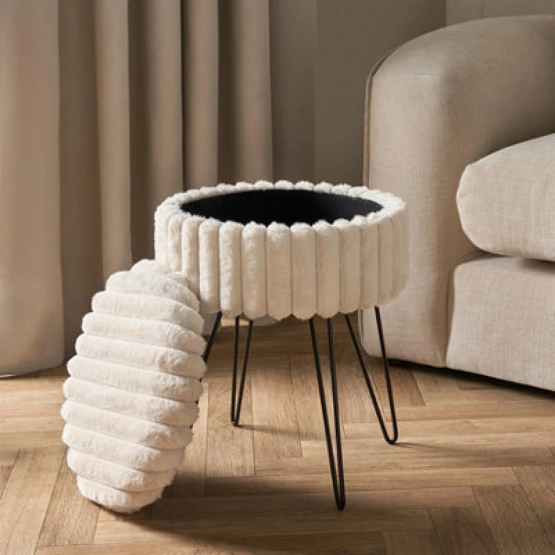 Image of OHS OHS Faux Fur Stool Hairpin Ribbed Fleece Round Vanity Seat Cushioned Foot Rest Chair in Cream Cream One Size Unisex 5027434198184