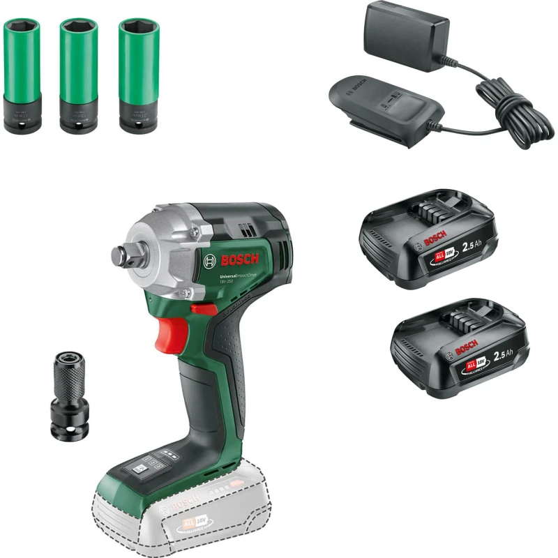 Image of Bosch UNIVERSALIMPACTDRIVE 18V-350 P4A 18v Cordless Impact Wrench 2 x 2.5ah Li-ion Charger No Case with Accessories
