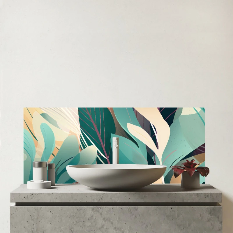 Image of Warren Reed - Designer Abstract Tropical Leaves Glass Bathroom Splashback in Green Green Unisex
