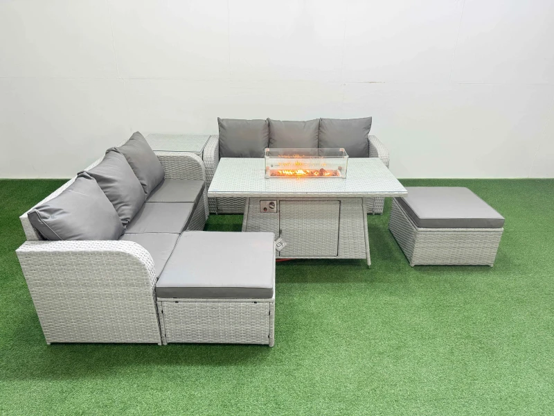 Image of Fimous Outdoor Garden Furniture Sets 8 Seater Wicker Rattan Furniture Sofa Sets with Firepit Dining Table high Back Lounge Sofa 2 Big Footstool Side T