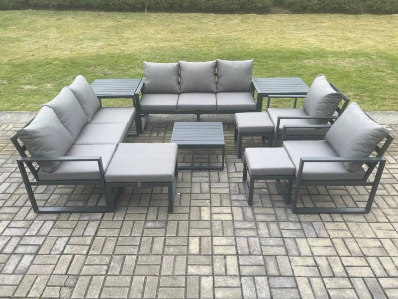 Image of Fimous Aluminium Outdoor Garden Furniture Set Patio Lounge Sofa with Square Coffee Table 2 Side Tables 2 Armchairs 3 Footstools Dark Grey Dark Grey Un