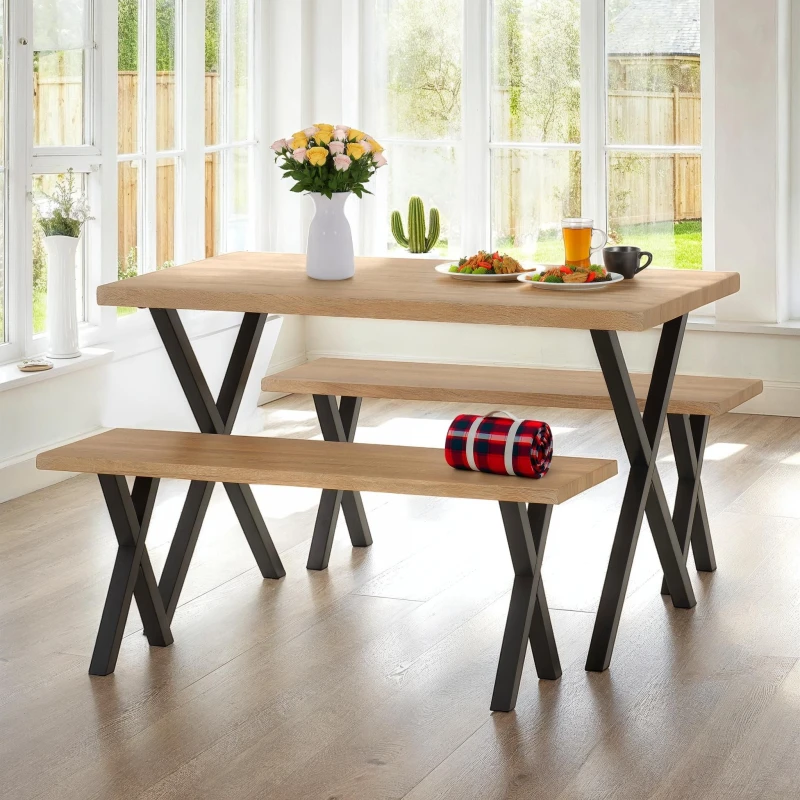 Image of Seconique Buxton Dining Bench Set - Light Oak Effect/Black, Brown 400-401-365