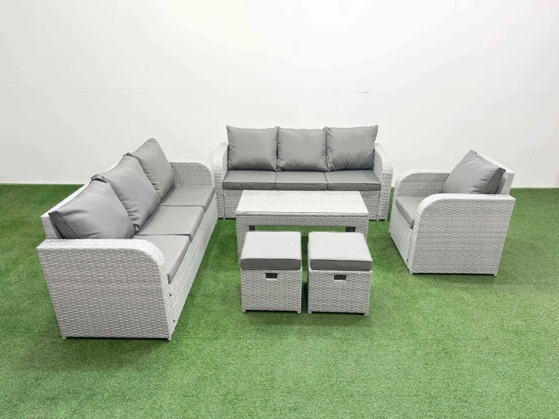 Image of Fimous 9 Seater Poly Rattan Outdoor Garden Furniture Oblong Coffee Table Sofa Set Patio 3 Seater Sofa Reclining Chair 3 Seater Sofa Stools Light Grey