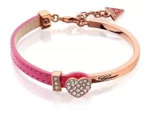 image of Guess Rose Gold Plated Pink Leather SwarovskiReg Crystal Heart Bangle