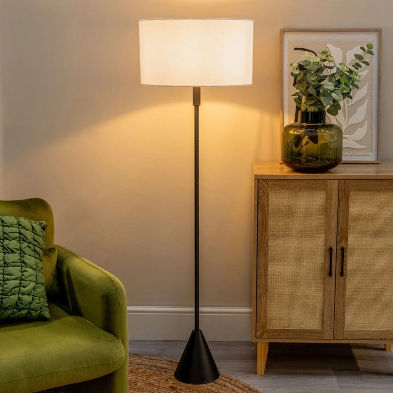 Image of ValueLights ValueLights Mitch Fabric Drum Lamp Shade Black Wood Stem Triangle Floor Lamp with LED Bulb in Grey Grey One Size Unisex 5059406066634