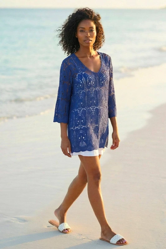 Image of Roman Womens Cotton Crochet Tunic Top in Navy Size: 14 Navy Female 14