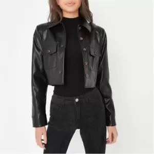 image of Missguided Petite Faux Leather Cropped Jacket - Black