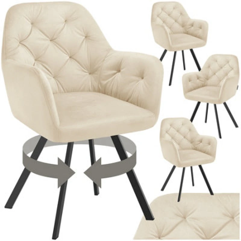 Image of Tectake Set Of 4 Armchair Lucia - Padded, Quilted Pattern, 180 Degree Swivel Chair - Cream