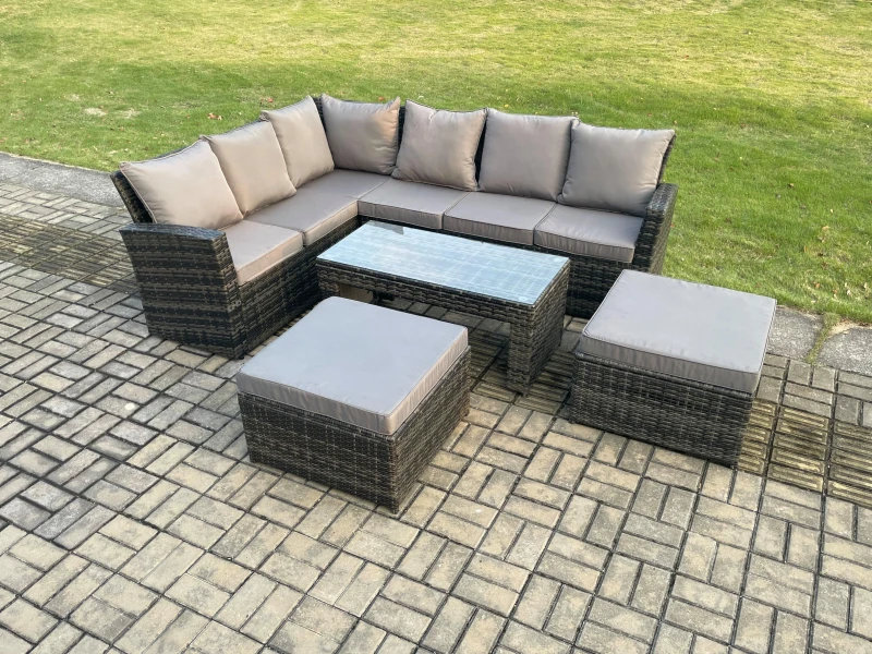 Image of Fimous Outdoor Furniture Garden Dining Set Rattan Corner Sofa Set with 2 Big Footstool Dark Grey Mixed Dark Grey