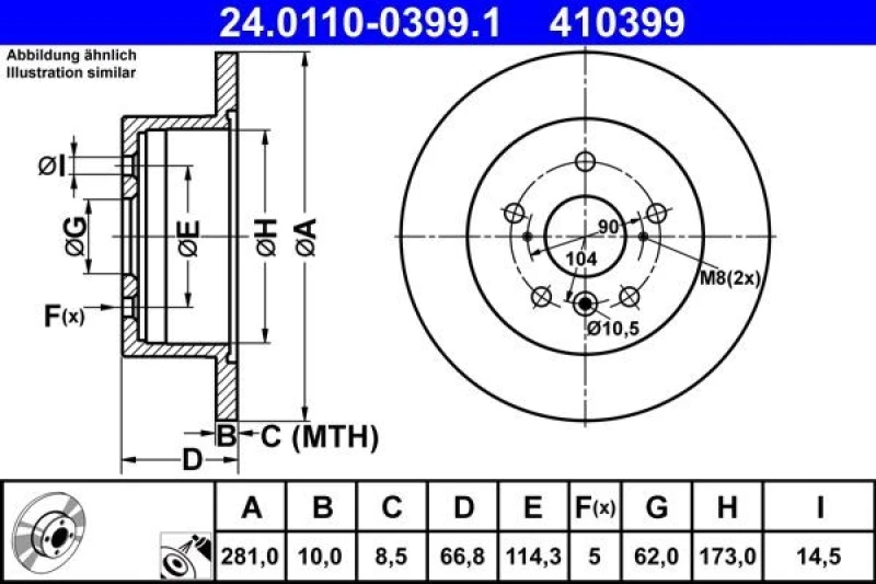 Image of ATE 24.0110-0399.1 Brake disc Solid, Coated Brake Disc (82)
