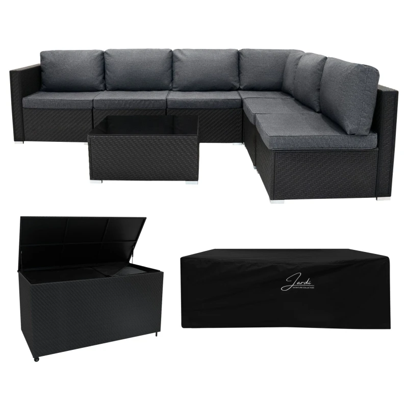 Image of Monstershop Rattan Modular 7 Piece Furniture Set & 700L Storage Box - Black Unisex