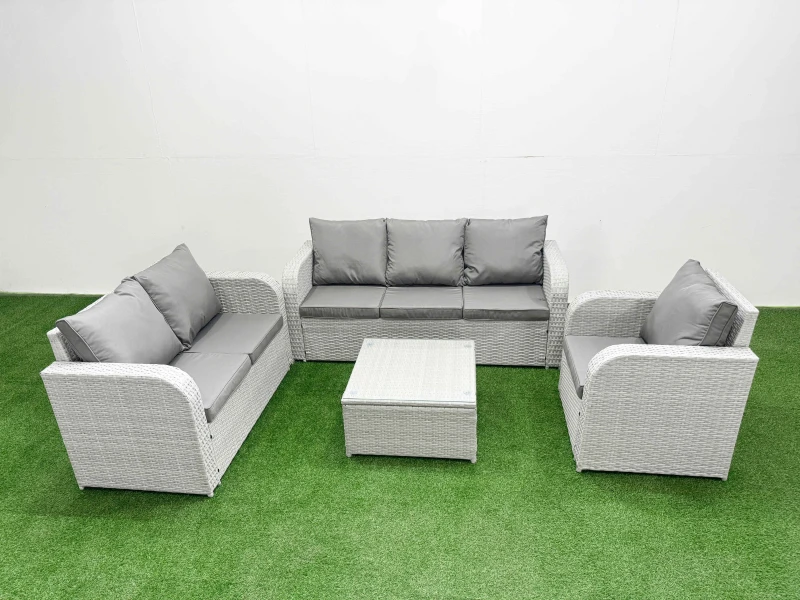Image of Fimous Patio PE Wicker 6 Seater Outdoor Rattan Furniture Sofa Sets with Square Coffee Table Reclining Chair Loveseat Sofa 3 Seater Sofa Light Grey Lig