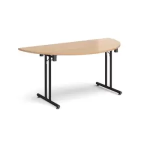 image of Semi circular folding leg table with Black legs and straight foot rails 1600mm x 800mm - beech