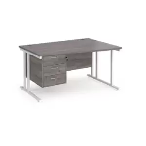 image of Maestro 25 right hand wave desk 1400mm wide with 3 drawer pedestal - white cantilever leg frame and grey oak top