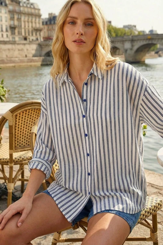 Image of Roman Womens Stripe Print Button Up Blouse in Navy Size: 18 Navy Female 18