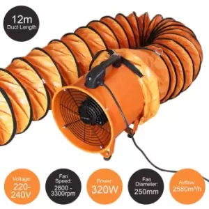 Image of Dust Extractor Ventilation Fan 250mm Portable 12m Duct Hose Workshop Fume Air Blower Industrial PVC Ducting Ventilator - Orange