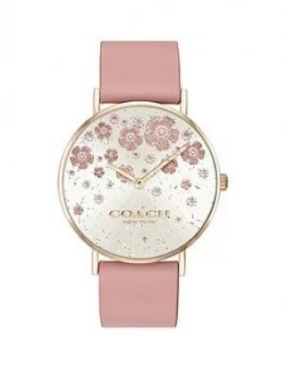 Image of Coach Coach Perry Silver Dial Floral Detail Pink Leather Strap Watch