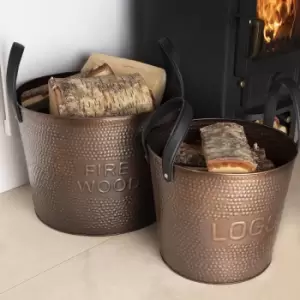 Image of Charles Bentley - Walnut Pair of Fireside Wood Buckets Iron Leather Antique Brass Leather Handles - Black
