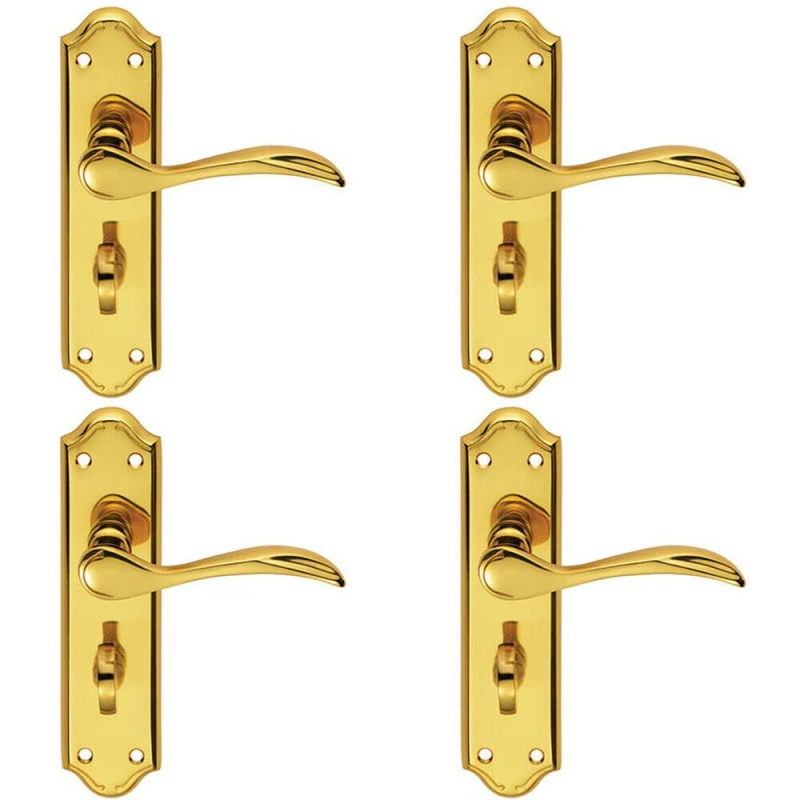 Image of Loops 4x PAIR Curved Door Handle Lever on Bathroom Backplate 180 x 45mm Polished Brass Metallics