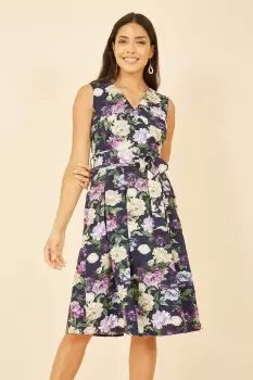 image of Navy Floral Wrap Sleeveless Skater Dress