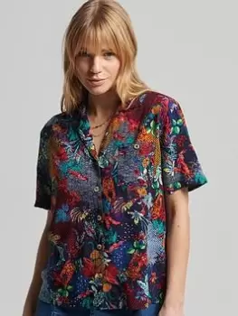 Image of Superdry Vintage Resort Shirt - Mixed Print Navy, Blue, Size 12, Women