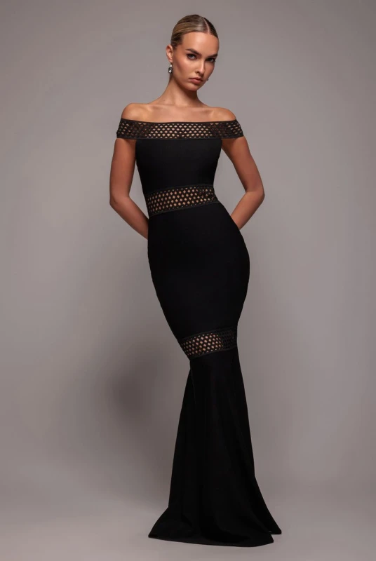 Image of Goddiva Womens Off The Shoulder Ribbed Bodycon Maxi Dress in Black Size: 10 Black Female 10