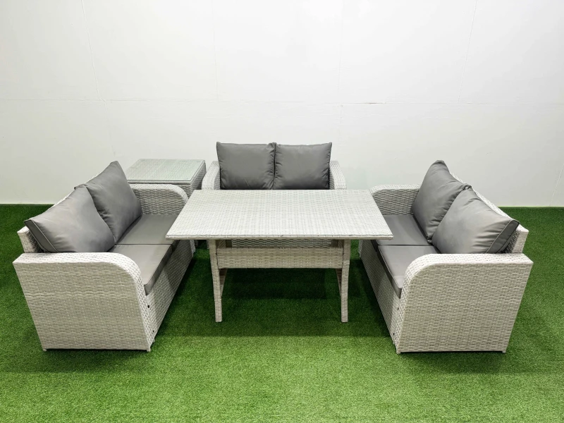 Image of Fimous 6 Seater PE Wicker Rattan Furniture Sofa Sets with Rectangular Dining Table 2 Seater Love Sofa Side Table Light Grey Light Grey