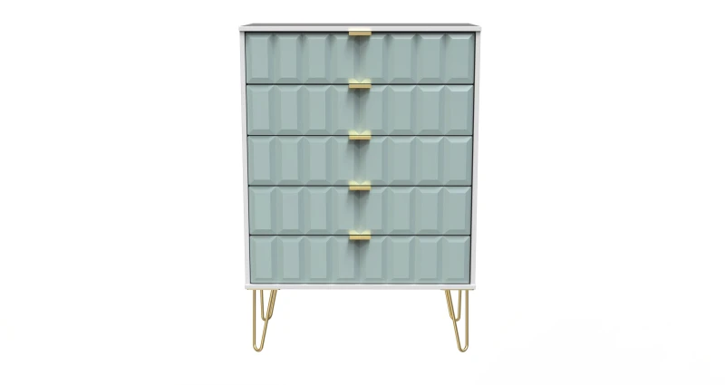 Image of Bologna Ready Assembled Matt Duck Egg & White 5 Drawer Wide Chest (H)1075mm (W)765mm (D)415mm