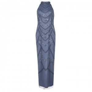 Image of Adrianna Papell Beaded Halter Column Dress - Dusty Blue