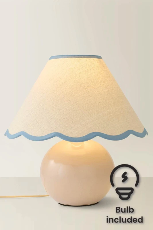 Image of ValueLights Bosco Natural Stone Globe Ceramic Table Lamp with Linen Scalloped Shade & Bulb Blue