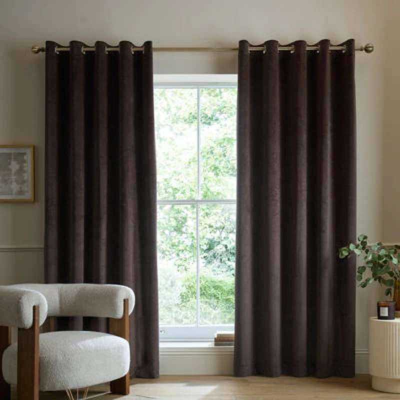 Image of Catherine Lansfield Super Thermal Blackout Matt Velour 66X54" Eyelet Curtains Two Panels Chocolate