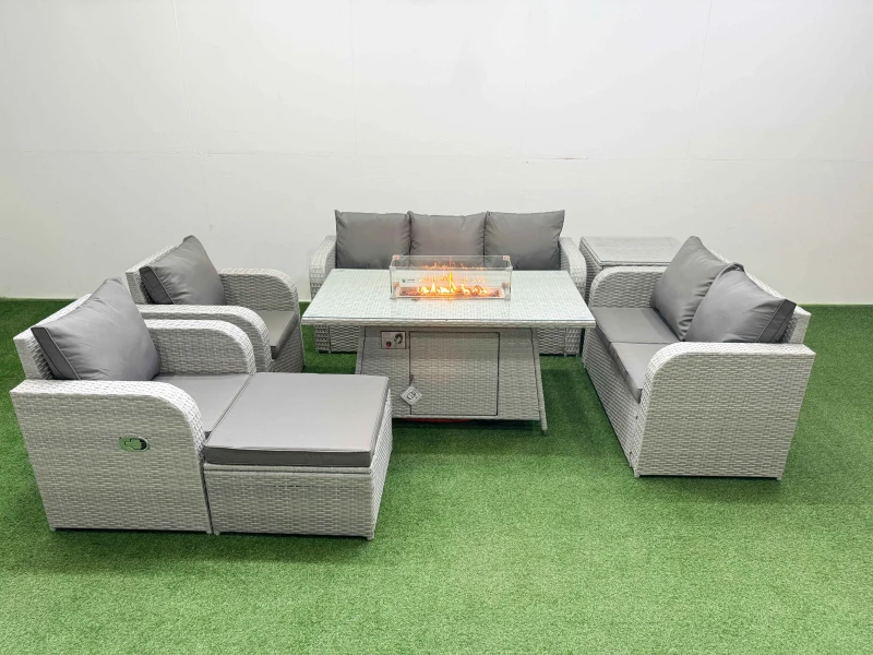 Image of Fimous PE Rattan Garden Furniture Set Reclining Chair Sofa Double Love Seat 2 Seater Sofa Lounge Set Firepit Dining Table Big Footstool Side Table Lig