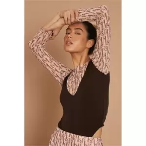 Image of I Saw It First Nude Isaw Monogram V Neck Detail Bodysuit - Brown