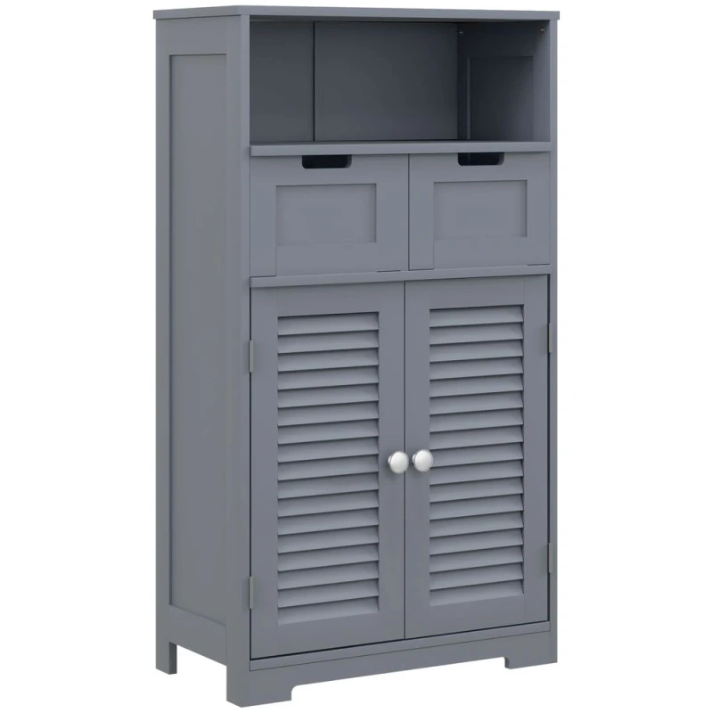 Image of Kleankin Free Standing Bathroom Storage Cabinet with Louvred Doors, 2 Drawers in Grey Grey Unisex