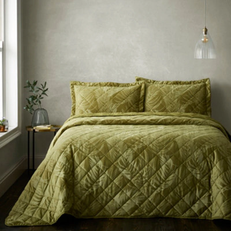 Image of Portfolio Home Woburn Botanical Leaf Olive Quilted Bedspread With Pillow Shams Bed Throw Set 254 X 254Cm