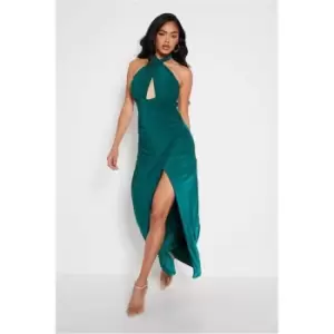 image of I Saw It First Emerald Green Double Layered Slinky Ruched One Shoulder Midi Dress - Green