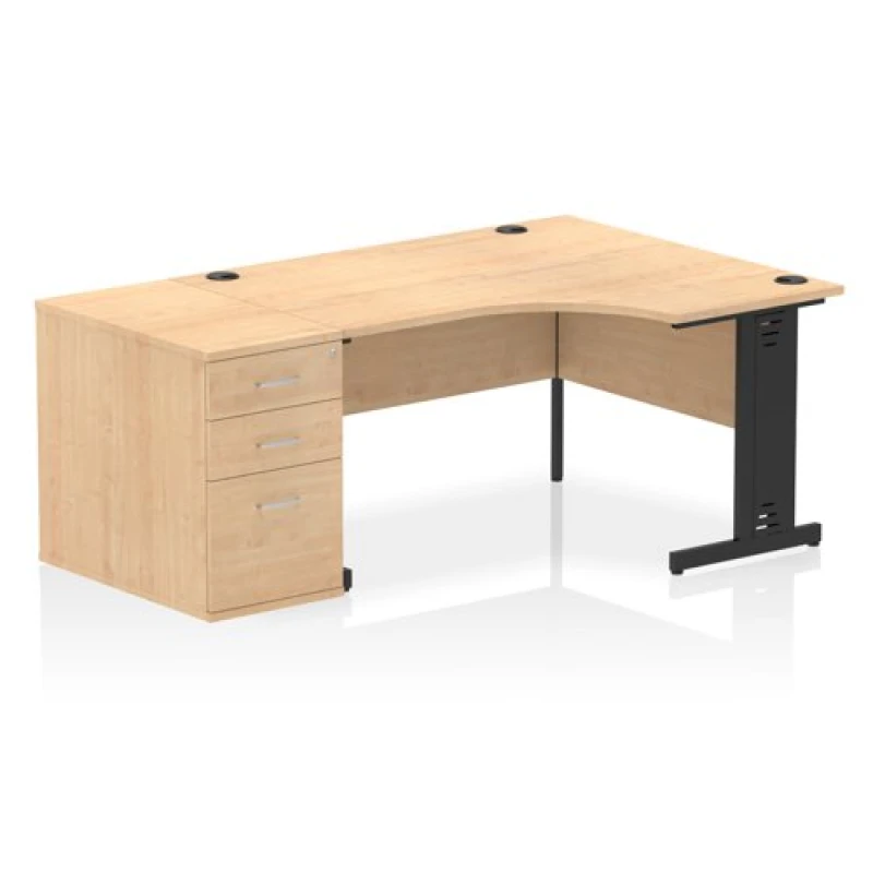 Image of Impulse Impulse 1400mm Right Crescent Office Desk Maple Top Black Cable Managed Leg Workstation 800 Deep Desk High Pedestal IWSRC148BCMMPE