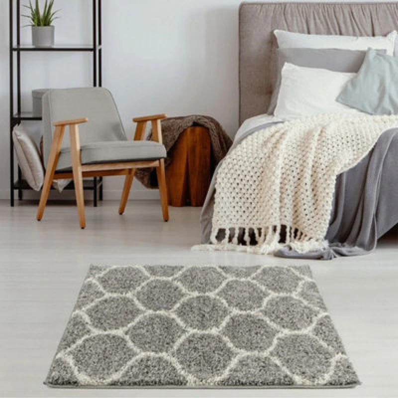 Image of THE RUGS Soft Trellis Shaggy Rugs & Runners Grey & Ivory Living Room Size: 120cm x 120cm Grey Unisex 120cm x 120 cm