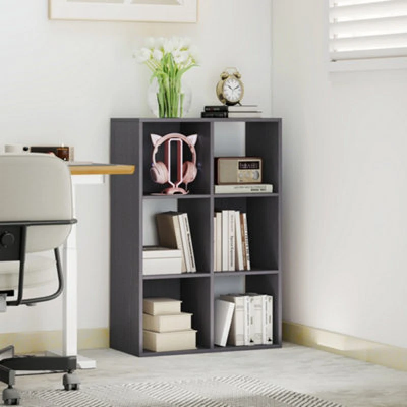 Image of HOMCOM HOMCOM 6-Cube Bookshelf, Freestanding 3-Tier Bookcase for Home Office in Grey Grey One Size Unisex 5063603044333