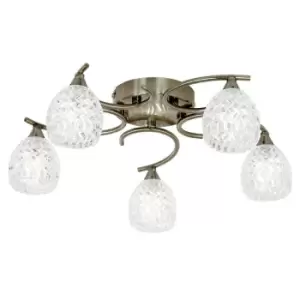 Image of Semi Flush Ceiling Light Brass Textured Glass 5 Bulb Hanging Pendant Lamp Shade