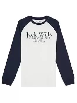 Image of Jack Wills Boys Script Raglan Long Sleeve T-Shirt - Marshmallow, Marshmallow, Size 14-15 Years