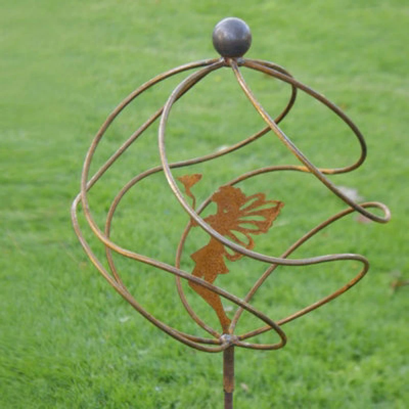 Image of Poppy Forge Tangle Ball On 4ft Stem With Standing Fairy - Plant Support - Solid Steel - L34.3 X W34.3 X H157.5cm - Bare Metal/ready To Rust